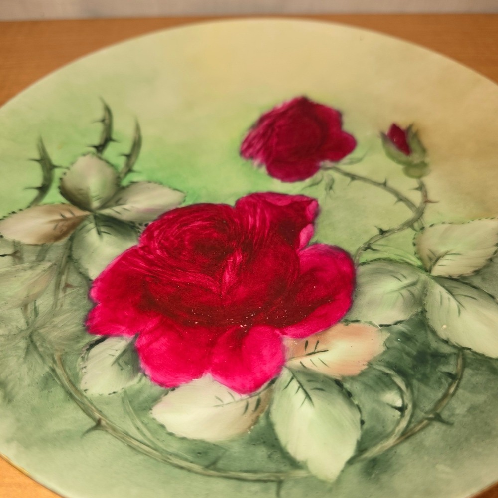 9" Haviland Limoges France Hand-Painted Display Plate Gold Rimmed Rose Red Green - Picture 3 of 8